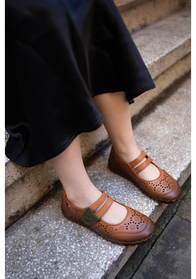 Venüs 2010728 Eren Shoes&bag Hakiki Deri Çift Bantlı Cırtlı Saraç Taba