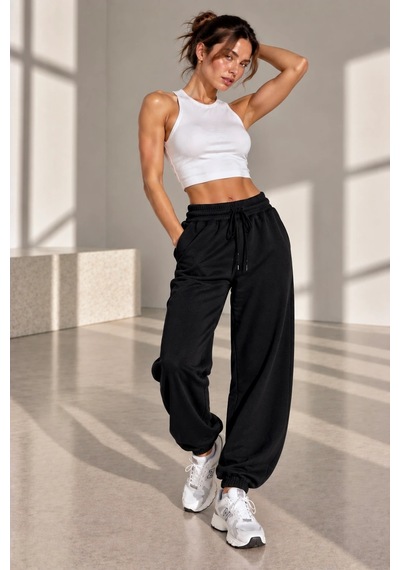 Bb Butik Basic Dökümlü Modal Kumaş Lastikli Bel Rahat Kesim Jogger Pantolon Zg3535 Siyah