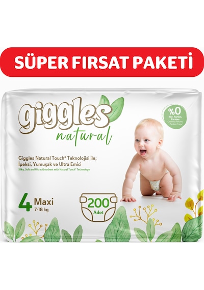 Giggles Natural 4 Numara Maxi Pamuklu Bebek Bezi 200 Adet