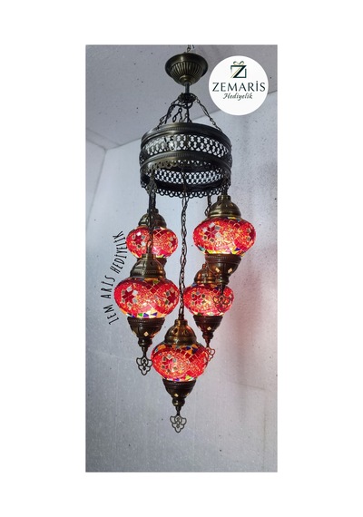 El Yapımı Otantik Mozaik 5 Li Avize Tavan Lambası Dekoratif Pembe - 786500254 Pembe