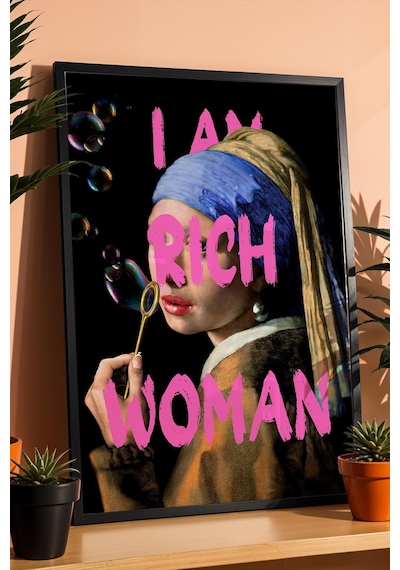 İnci Küpeli Kız I Am Rich Woman Eğlenceli İronik Sanat Çerçeveli Tablo Yeni Eve Hediye Altered Art