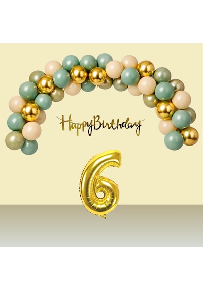 6 Yaş Retro Gold Kromgold Küfyeşili Kumbeji Balon Happy Birthday Banner Gold Rakam Doğum Günü Süsü Çok Renkli