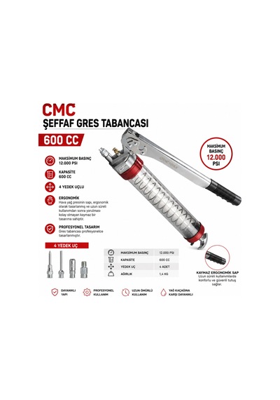 Cmc Havalı Gres Pompası Şeffaf El Tipi 600 Cc 4 Yedek Uçlu