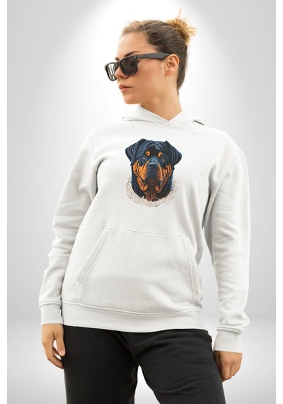 Rottweiler Koca Kafa Kadın Erkek Beyaz Kapüşonlu Sweatshirt Hoodie Beyaz