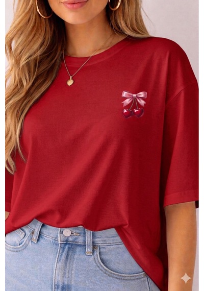 Minimal Kiraz Desenli Baskılı T-shirt Kırmızı