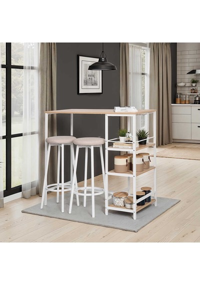 Step-up 2 Tabureli Yüksek Ayaklı Raflı Mutfak Masa Takımı - Beyaz 100x50x100 Ceviz