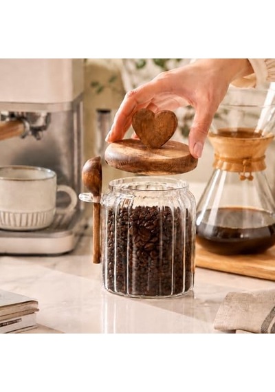 Akasya Kapaklı Cam Kavanoz 460 Ml Kaşıklı Hava Geçirmez Baharatlık Çay Kahve Şeker Saklama Kabı 7009