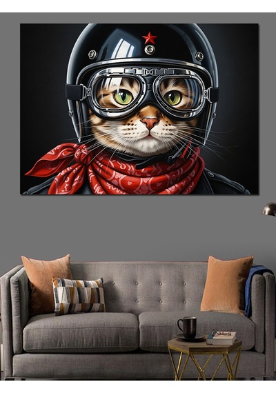 Siyah Kask Ve Kırmızı Fularlı Kedi Görseli Koyu Fon Dekoratif Kanvas - Mdf Ahşap Tablo