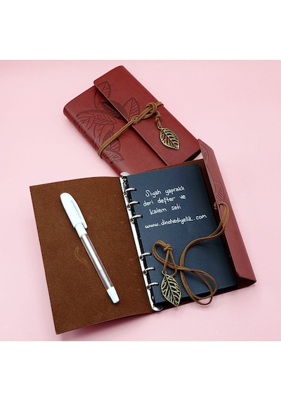 Kahverengi Siyah Yapraklı Deri Defter Ve Beyaz Jel Kalem Set Diğer