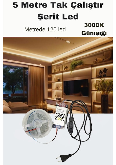 Dolap / Duvar 5 Metre Tak Çalıştır Mt/120 Led Şerit Led 3000k