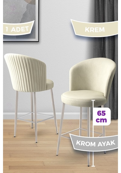 Canisa Alte Serisi 1 Adet Babyface Kumaş 65 Cm Krom Kaplama Ayaklı Krem Bar Sandalyesi Krem Sandalye Krom Kaplama Ayak