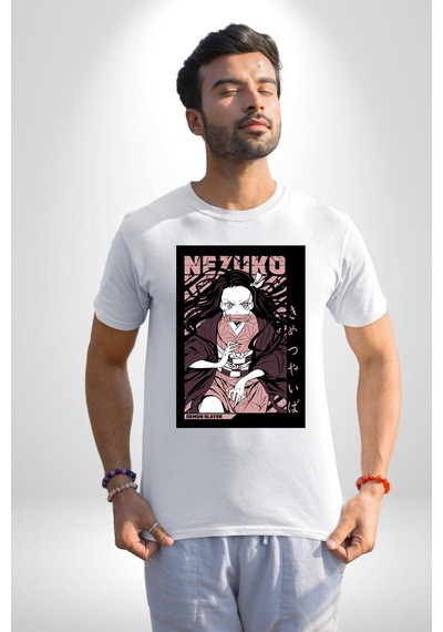 Nezuko Demon Slayer Unisex Unisex Beyaz Organik Baskılı T-shirt Penye Yüksek Kalite Beyaz