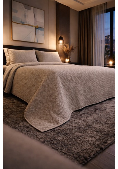 Calantha Home Collection Reyna 3 Parça Geometrik Cappuccino Pike Takımı 240 X 260 Cm Cappuccino