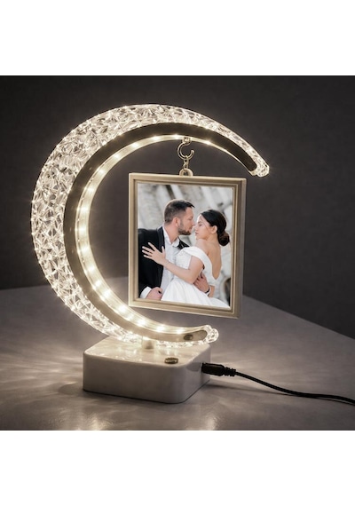 Led Işıklı Hilal Fotoğraf Çerçevesi Gece Lambası 2 Dikey Fotoğraf Kapasiteli
