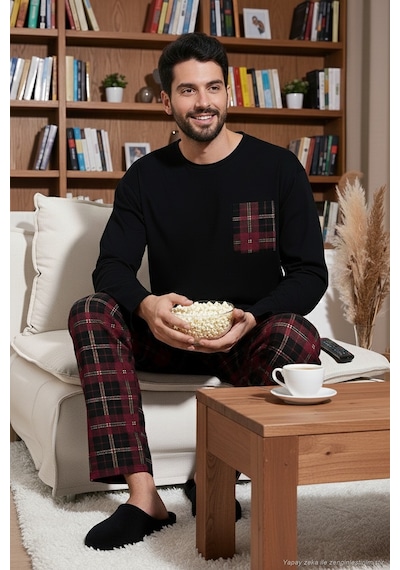 Buratti Ekoseli Cepli Beli Lastikli % 100 Pamuk Regular Fit Erkek Pijama Takımı 6572001 Siyah-Bordo