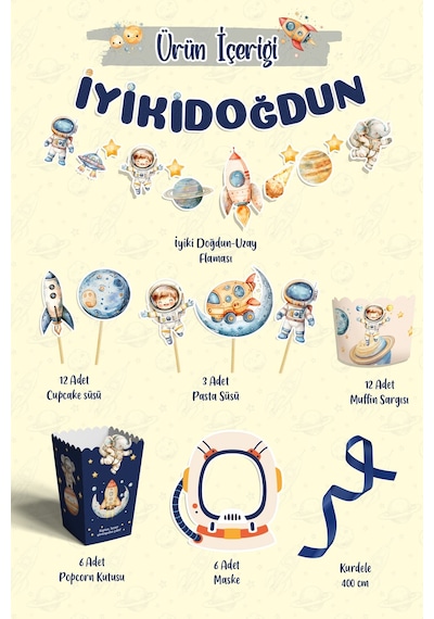 Astronotlar Ve Uzay Figürleri Temalı Doğum Günü Konsepti Süsleme Seti , Cupcake Süsü Flama Etiket Dijital Baskı