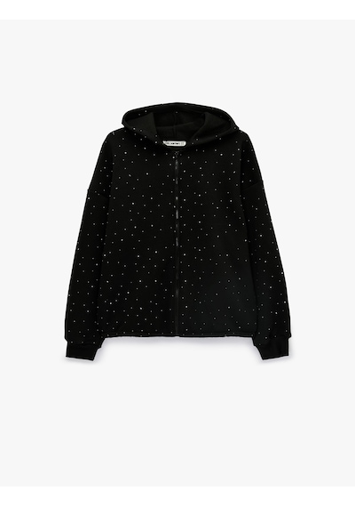 Koton Üç İplik Şardonlu Uzun Kollu Fermuarlı Kapüşonlu Taş Detaylı Sweatshirt Siyah 7wal10257ık