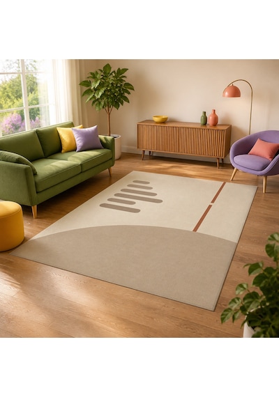 Kartela Halı Aralık Minimal Modern Halı Bej Kaymaz Taban Makinede Yıkanabilir 200x300 Cm