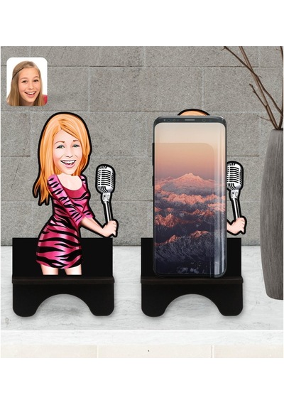Kişiye Özel Şarkı Söyleyen Kız Karikatürlü Ahşap Biblo Telefon St
