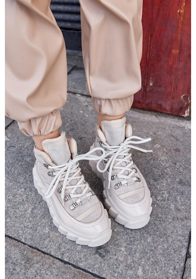 Candy Bej Hakiki Deri Kadın Sneaker Bot-Bej
