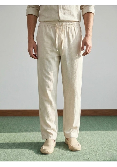 Danger Erkek Baggy Kalıp Beli Lastikli Pamuk Keten Görünümlü Pantolon Bej 1007dngr