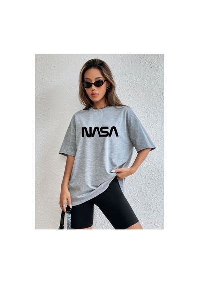 Medinenur Unisex Nasa Baskılı Siyah Tshirt Gri