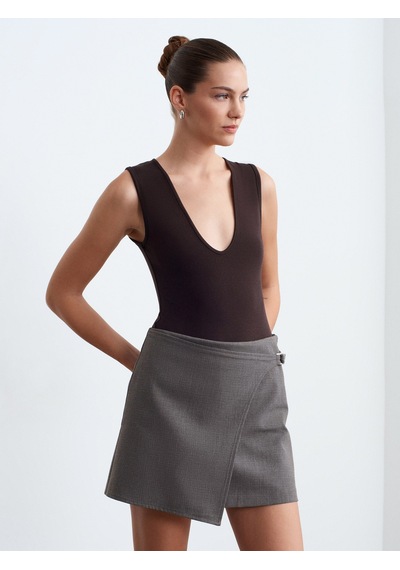 Dilvin 32835 V Yaka Bodysuit-koyu Kahve