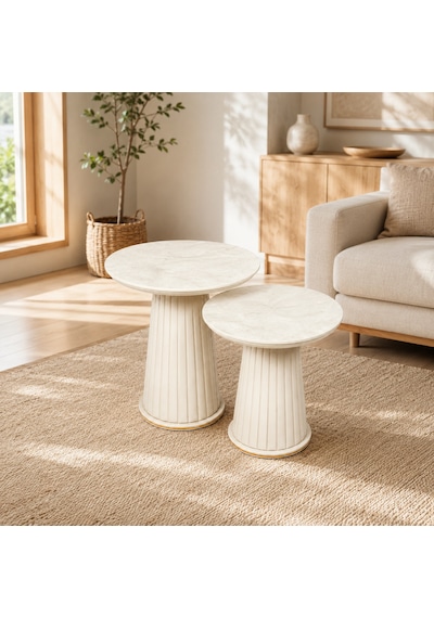 Ganni Home Angel 2 Li Zigon Sehpa Seti Beyaz Mermer Beyaz, Gold Detaylı Şık Ve Modern Tasarım