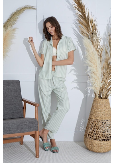 Sevim Kadın Kısa Kol Önden Düğmeli Su Yeşili Pijama Takım C6t2n951 001