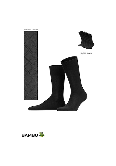 Mısırlı Erkek Bambu 6 Çift Baklava Desenli Süper İnce Soket Çorap Siyah