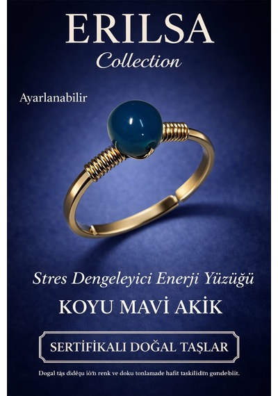 Sertifikalı  leyici  Yüzüğü Koyu Mavi Akik Ayar Çok Renkli