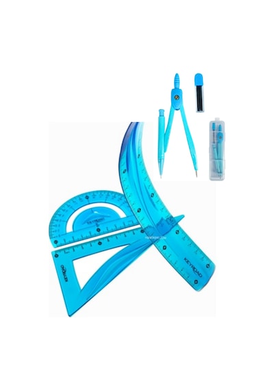 30 Cm Esnek Cetvel Takımı 4 Lü Set Cetvel,pergel,açıölçer Ve Metal 0,7 Uçlu Pergelli Set Mavi