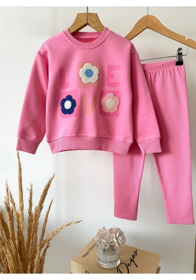 Magu Kız Çocuk Çiçek Aplikeli Pembe Sweatshirt Ve Tayt Takımı