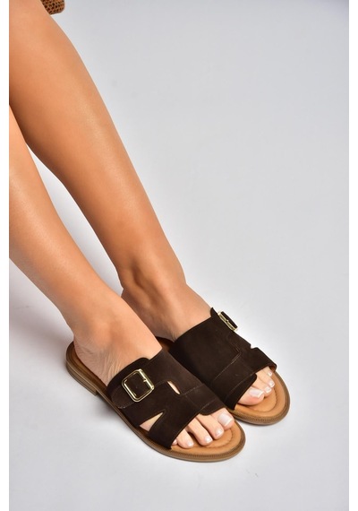 Fox Shoes Y944791002 Kahverengi Hakiki Deri Süet Kadın Terlik