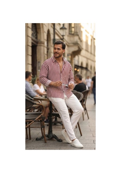 Butik İstanbul Erkek Dikey Çizgili Yarım Oversize Gömlek Bord