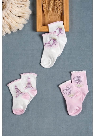 Cocole Socks Kız Çocuk Soket Çorabı 3 Lü Set Pamuklu Paris Temalı & Bisiklet Desenli Çok Renkli
