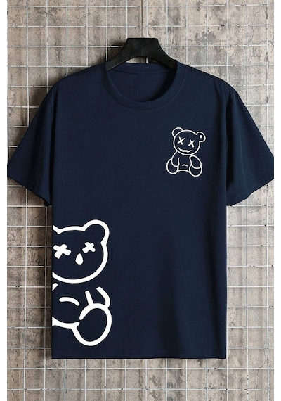 Unisex Draw Bear Baskılı Tasarım Tshirt Lacivert