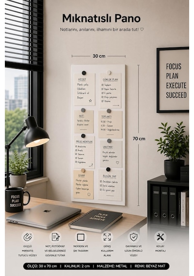 Yiğit Metal Mıknatıslı Pano Beyaz Ofis/çalışma Odası İçin Mıknatıs Hediyeli Metal Magnet Hatıra Panosu 24 x 70 CM