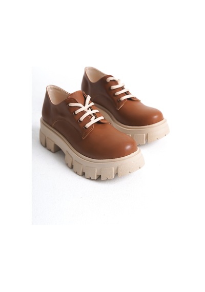 Akınabella Kalın Tabanlı Bağcıklı Loafer Ayakkabı Taba Taba