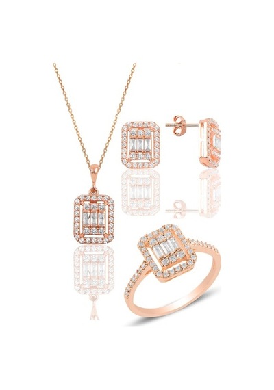 Gümüş Rose Gümüş Baget Taşlı Üçlü Set