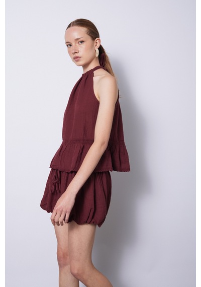 Dantel Detaylı Müslin Top Bordo