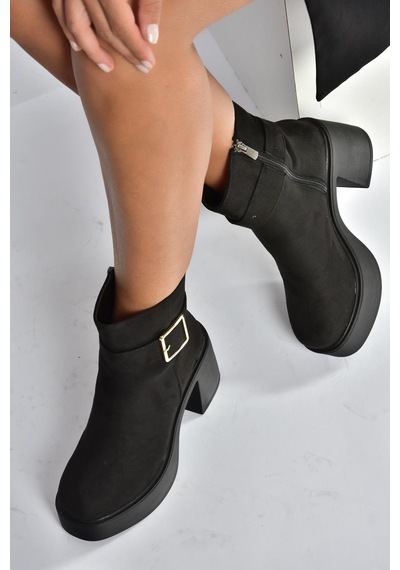 Fox Shoes V726446602 Siyah Süet Kalın Topuklu Kadın Bot Siyah-Süet