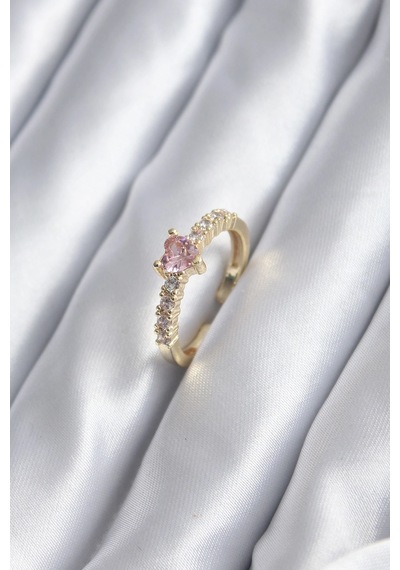 Mey İthalat Gold Renk Zirkon Taşlı Pembe Kristal Kalp Model Kadın Yüzük Çok Renkli