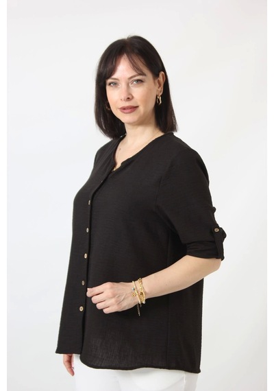 Moda Berray Sb-0169 Keten Kolu Apoletli Sıfır Yaka Büyük Beden Siyah Gömlek Siyah