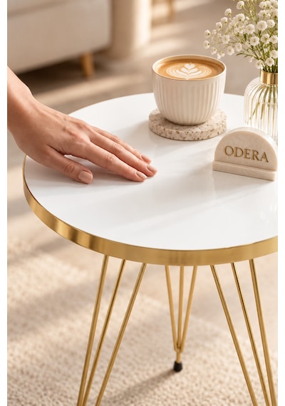 Odera Gold Beyaz Yuvarlak Zigon Sehpa 3'lü Set Gold Tel Metal Ayaklı Retro Salon Sehpası Diğer