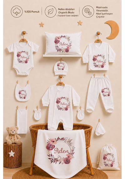Pia Baby Kız Bebek Hastane Çıkışı 12 Parça %100 Pamuk İsme Özel Organik Baskılı Kese Hediyeli 100611k0x Ekru
