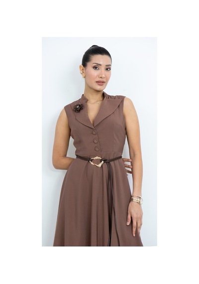 Dorne Moda Çiçek Aksesuarlı Kruvaze Yaka Kemerli Midi Elbise - Düğün - Mezuniyet - Ofis Şıklığı Kahverengi Kahverengi Dorne Moda Çiçek Aksesuarlı Kruvaze Yaka Kemerli Midi Elbise - Düğün - Mezuniyet - Ofis Şıklığı Kahverengi Kahverengi