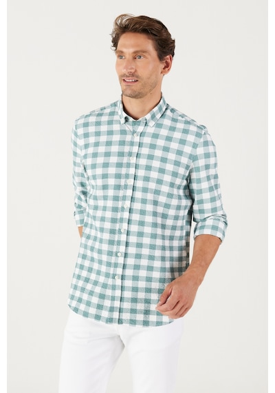 AC&Co / Altınyıldız Classics Erkek BEYAZ YESIL Slim Fit Dar Kesim Düğmeli Yaka Gofre Desenli Gömlek Beyaz - Yeşil