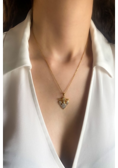 Kadın Çelik Kolye Serenay Seri Zirkon Taş Çapa Model Kolye Altın