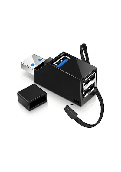 Usb Çoklayıcı Hub 3 Port Switch - 1x Usb 3.0 + 2x Usb 2.0 - Laptop, Pc İçin Usb Çoğaltıcı Adaptör - Kolay Taşınabilir Bileklik İpli Splitter - Siyah